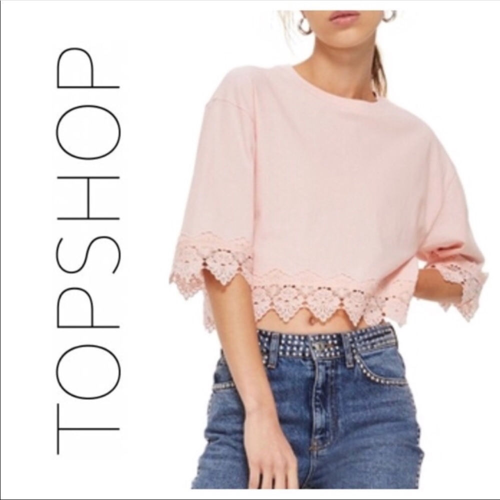 *LAST ONE* Top Shop Light Pink Crop Tee Lace Trim - Picture 2 of 8